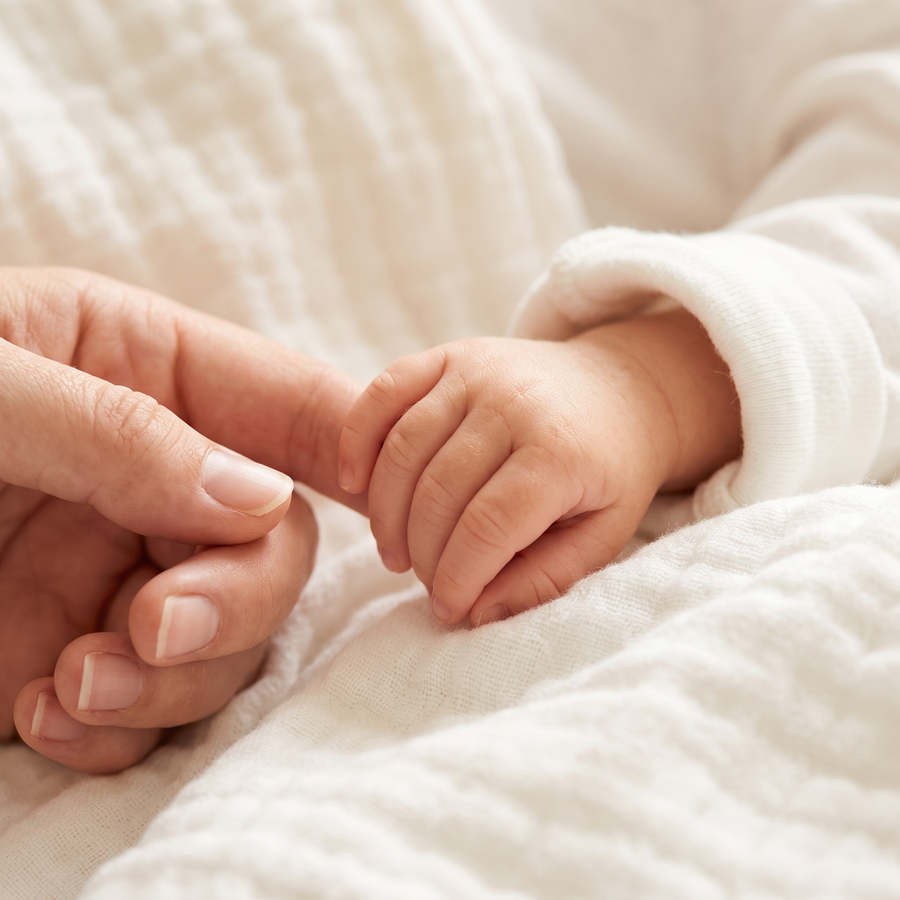 An adult finger held in a baby's hand, resting on soft white cotton
