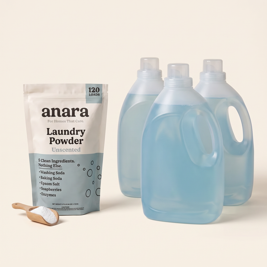 One bag of Anara laundry powder beside three large plastic jugs of liquid detergent