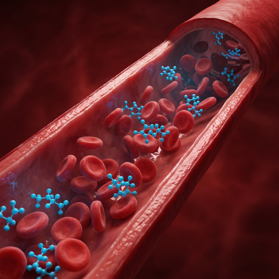 Illustration of a blood vessel with red blood cells and chemical molecules circulating alongside them