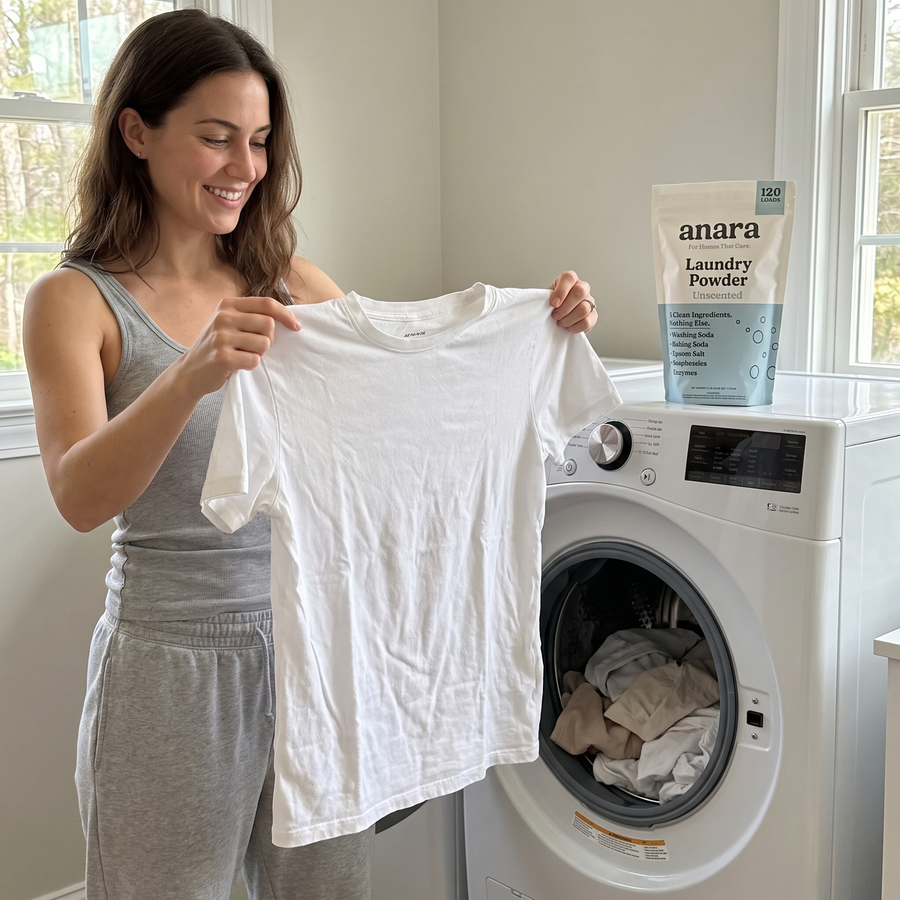 Woman holding up a clean white t-shirt in front of a washing machine, with a bag of Anara on the dryer
