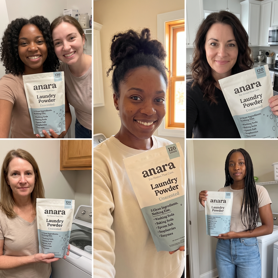 Grid of six customers at home holding bags of Anara laundry powder