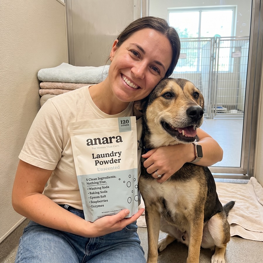 Volunteer sitting with a shelter dog, holding a bag of Anara laundry powder