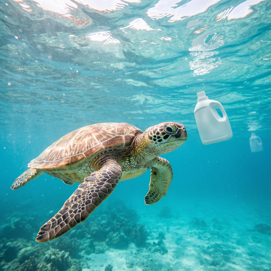 A sea turtle swimming in clear water beside a discarded white plastic detergent jug