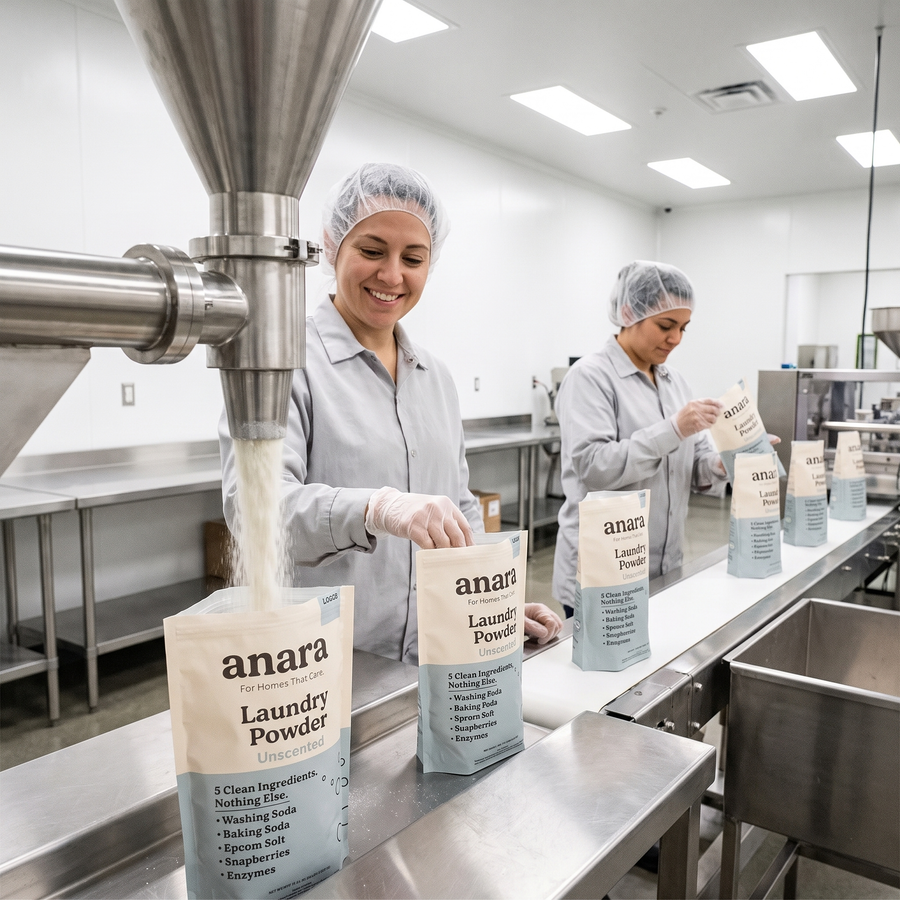 Workers in hairnets and gloves filling bags of Anara laundry powder on a stainless steel production line