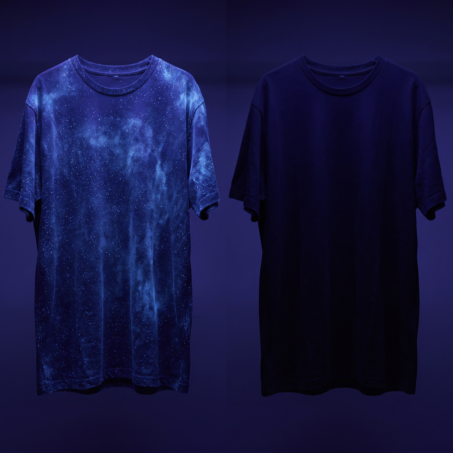 Two shirts photographed under UV light: the one washed in conventional detergent glows blue from optical brightener residue, the one washed in Anara stays dark